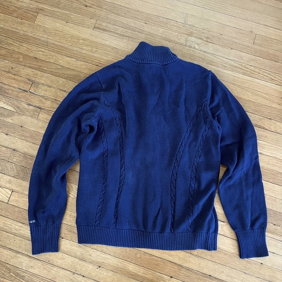 Tommy Hilfiger 100% Cotton Navy Full Zip Cable Knit Mock Neck Sweater | Large - Picture 3 of 3